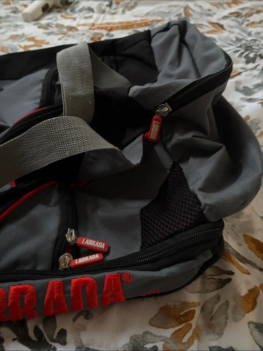 Men's Gray and Black Duffel Bag with Red Trim